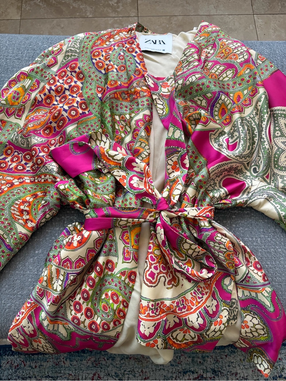ZARA Multicolor Paisley Tie-Waist kimono- Pink, Green & Cream